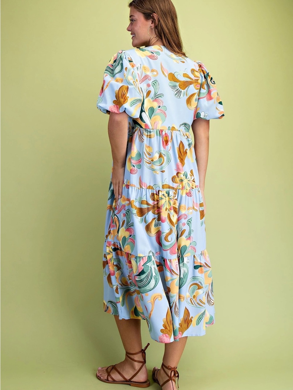Sky Blue Floral Swirl Tiered Midi Dress - Picture 4 of 4
